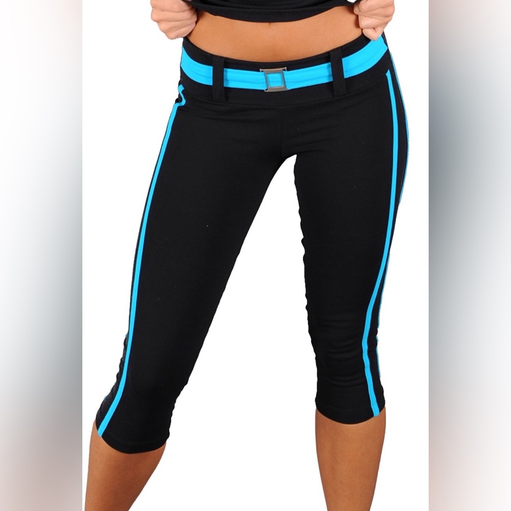 Lino Fitness 2pc Black Teal Blue Sexy Gym Capri Belted Leggings Matching Top